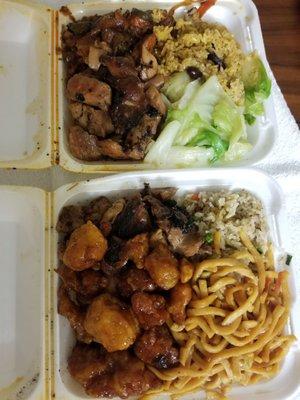 Left top to bottom: Spicy chicken, bourbon chicken and honey chicken Right top to bottom: bean fried rice, veggies, fried rice, chow mien