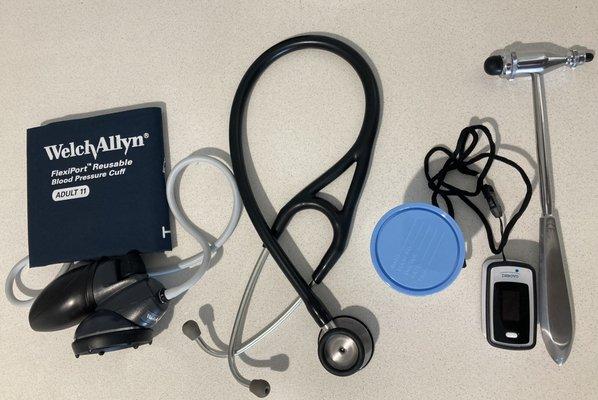 Equipment used for physical - blood pressure cuff, stethoscope, reflex hammer, oximeter, and urine sample cup (not for drug testing).