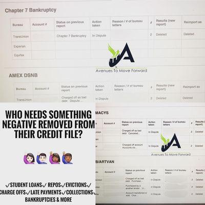 Chapter 7 Bankruptcy Deleted from a clients credit Report, along with a few charge off accounts Amex, Maycys, and ArtVan.