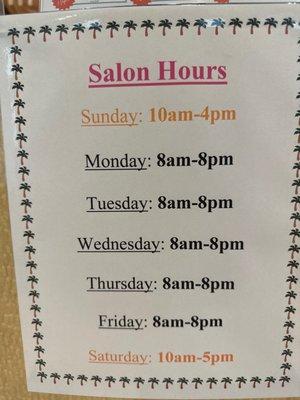 Current salon hours as of 12/9/2022.