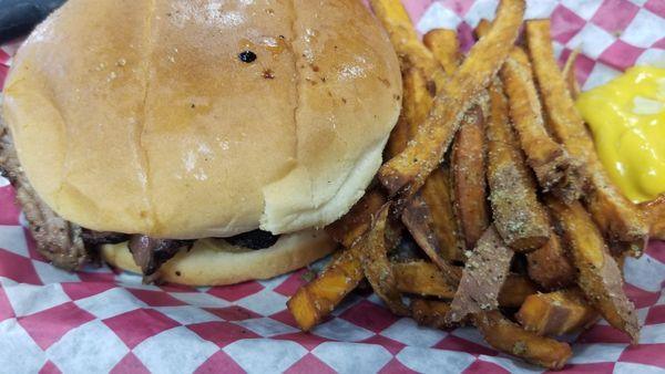 Brisket sandwiche and sweet potato fries.