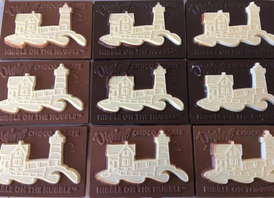 Our solid chocolate Nibble on the Nubble Bars. Designed and made exclusively by us.