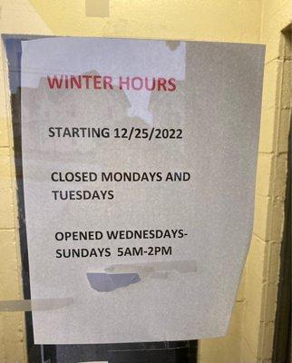 Upcoming winter hours (12/2022)