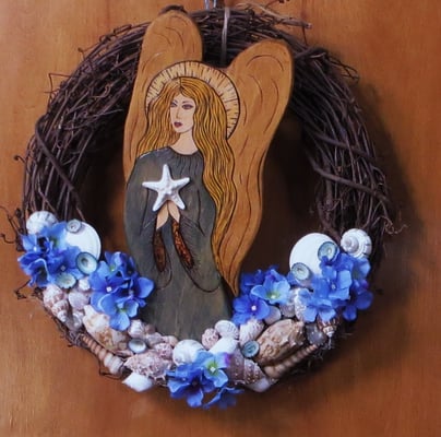 Beach Angel wreath - one of a kind unique wreath with wood burned angel.