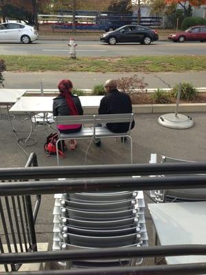 Limited outdoor seating with a view of Memorial Drive (on nice days)