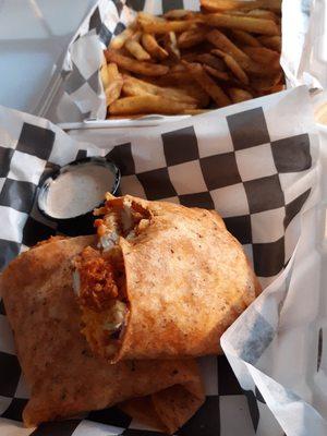 Very good buffalo chicken wrap and fries.