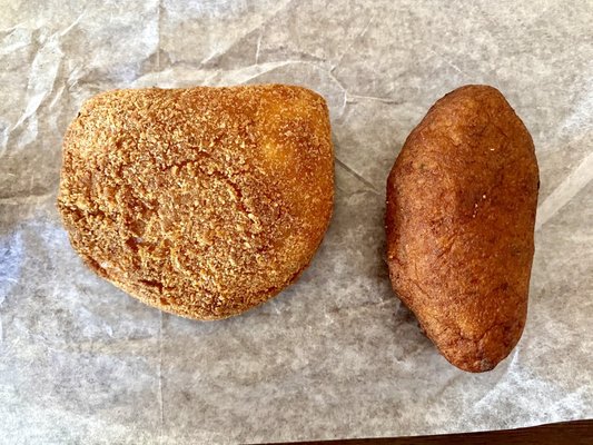 Portuguese shrimp rissois on left and cod fritter on right