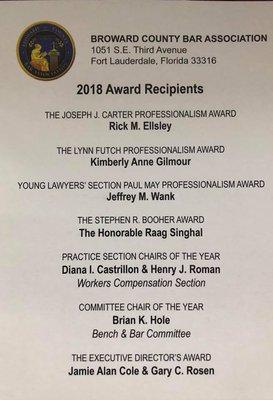 Rick was honored with the 2018 Professionalism Award by the Broward County Bar Association