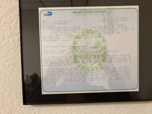 Miami Dade County certificate