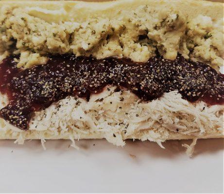 Bobbie: Made with Slow cooked turkey, cranberry sauce and stuffing.