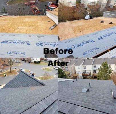 Before and after of shingle removal for a townhouse