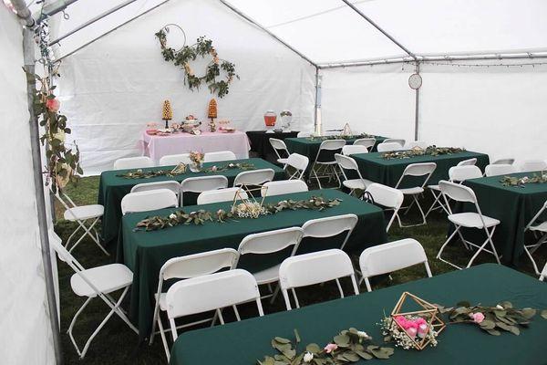 Boho baby shower in lg tent. Tent, tables, chairs, linens all from Julie's