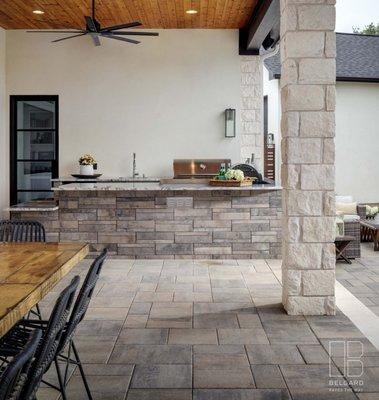 Melville outdoor kitchen island with granite countertops top. Dimensions paver field