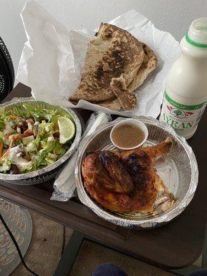 Roast chicken, bread, salad, aryan!!! Yummm