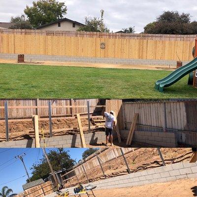 Fence built on top of retaining wall