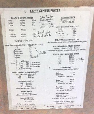 Price sheet