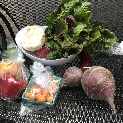 Lion's Mane mushroom. Swiss chard, beets with their greens, cape gooseberries and bell peppers.