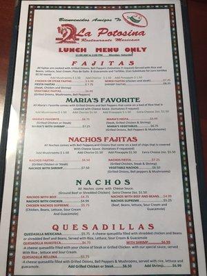 Lunch Menu at La Potosina