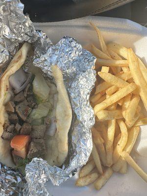 Lamb Gyro Sandwich and Fries