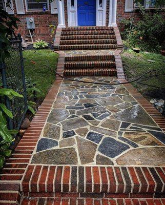 Irregular flagstone and brick walkway and stairs