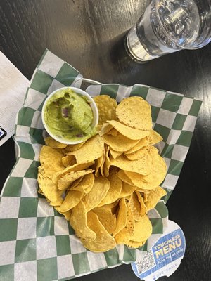 $17 + tip for this basket of chips labeled "guacamole"