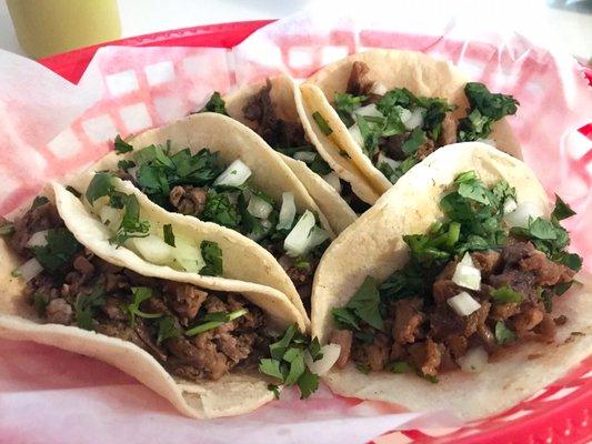 Beef Tacos: Arrachera (left), costilla (right)