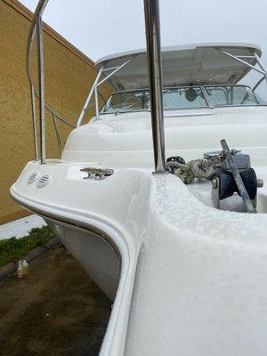 This boat had Oxidation removal, compound, polish and wax!