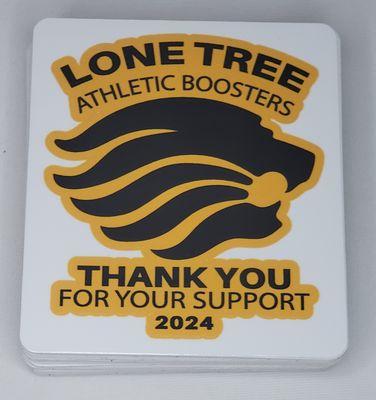 Window decals for the Lone Tree Athletic Boosters Club.