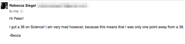 Becca scored 36s on three sections and a perfect score on her essay! If her math score had been a 34 she would have scored a perfect 36!