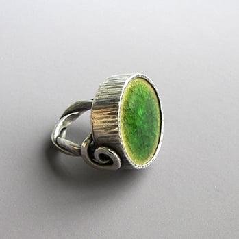 Handcrafted ring by jewelry artist Holly Gonnella. Green porcelain crackle glazed porcelain cabochon.