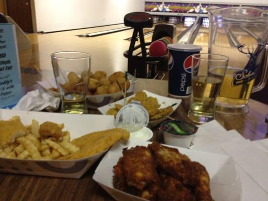 Fried stuff, beer, and bowl!