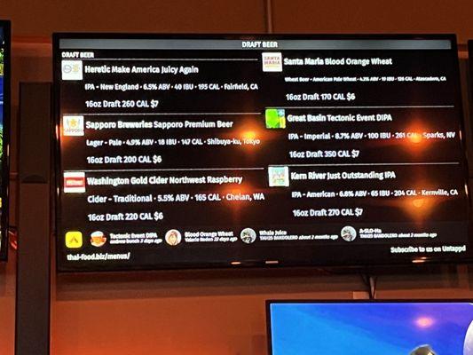 Menu of draft beers