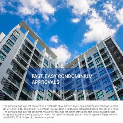 VARIETY OF CONDO LOANS
 Great low rates
 Easy, relaxed guidelines
 Options for condos in litigation
 Fast closings
 Low down