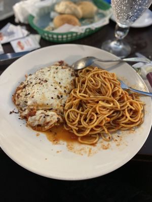 Eggplant parmigiana w/added red pepper.