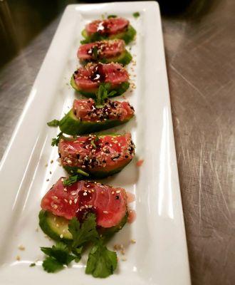 Ahi seared tuna on cucumber chip