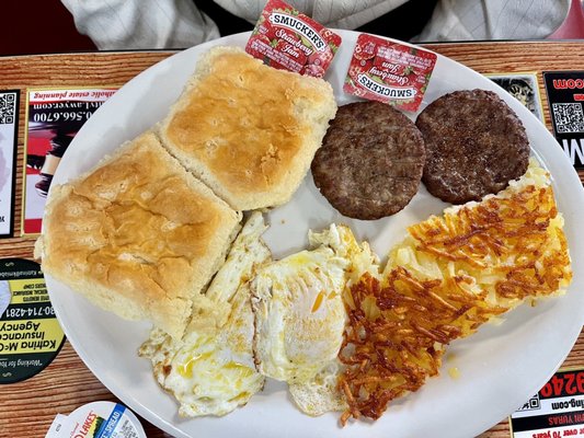 Two Egg Platter with Sausage and Hashbrowns Biscuits