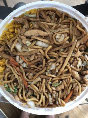 Chicken lo mein lunch combo w fried rice and soda