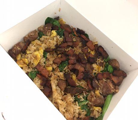 Custom rice with rib eye, spinach, bacon, s&p, and house seasoning.  Comes in a microwave friendly box.