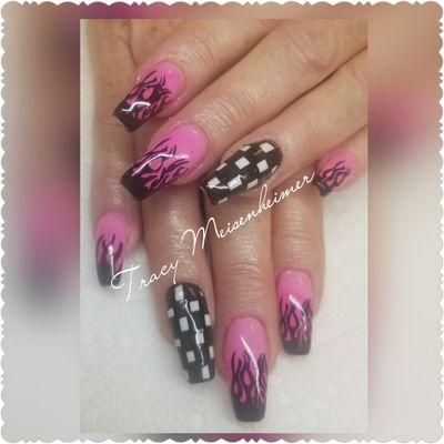 Hot pink ombre with flames with checkered accent nails