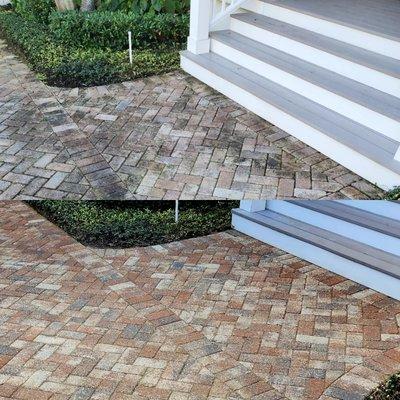 Before and after paver cleaning and sealing.