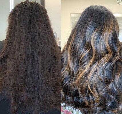 Copper balayage on dark brown hair.