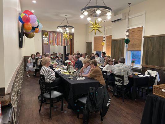 Our caboose banquet room holds up to 50 people for baby showers, bridal showers, birthday parties, or other events