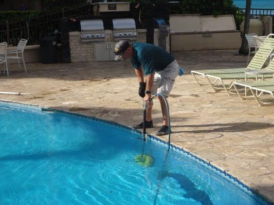 We clean pools while the water is full. Just Hot Water and State of the Art Machines