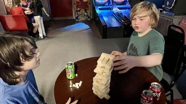 A Jenga break in between Air hockey and Donkey Kong.