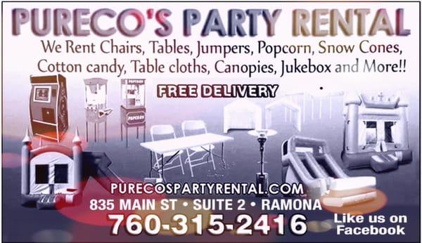 We have tables, chairs, linens, color overlays, organza sash, canopies, dance floor, cotton candy, popcorn and snowcone machine.