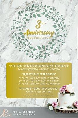 THIRD ANNIVERSARY EVENT SAT)8/19/2017~  MON)10/16/2017 NAIL BONITA 703-992-8003