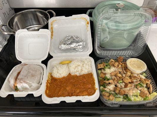 Cheeseburger, chicken Marsala and chicken caesar salad