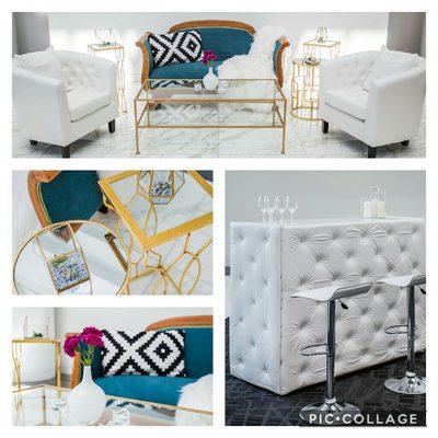 modern rentals, bar, gold table, white