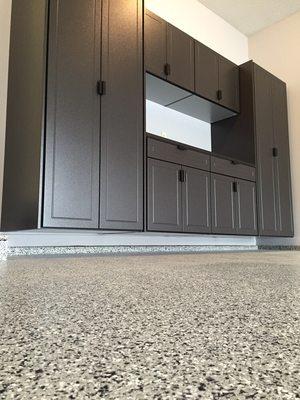 "Up off the floor" cabinet design makes it EASY to keep your new epoxy floor clean!