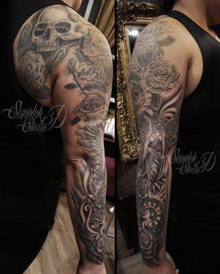 Fresh Lower sleeve, Healed upper sleeve and back tattoo